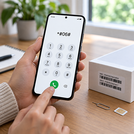 Mobile phone dialler displaying star hash zero six hash with SIM card, SIM tool and IMEI packaging