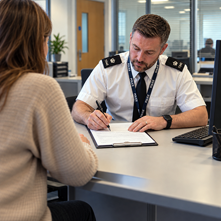Police officer taking details from a member of the public reporting a stolen mobile phone